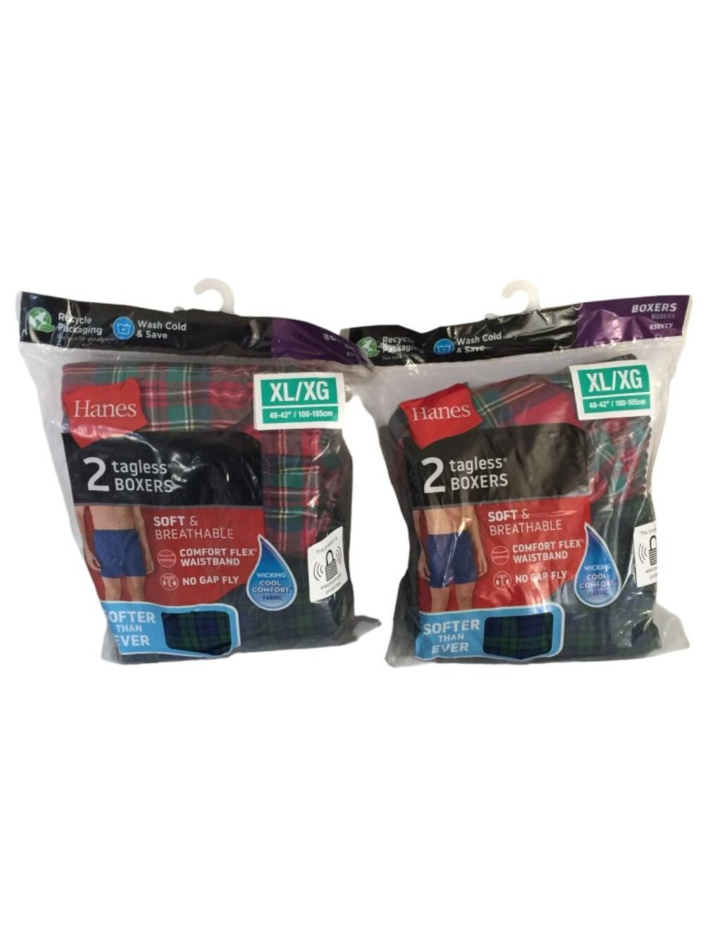Hanes Men's Tagless Boxer XL 40-42" Plaid Red Blue Green 4 Pairs
